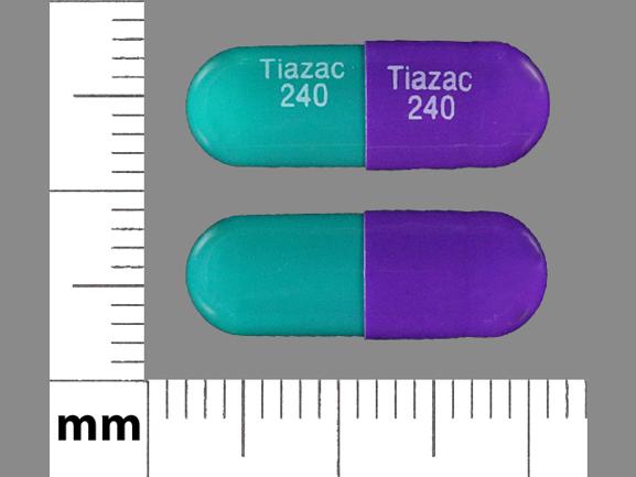 Pill Tiazac 240 Tiazac 240 Green & Purple Capsule/Oblong is Tiazac