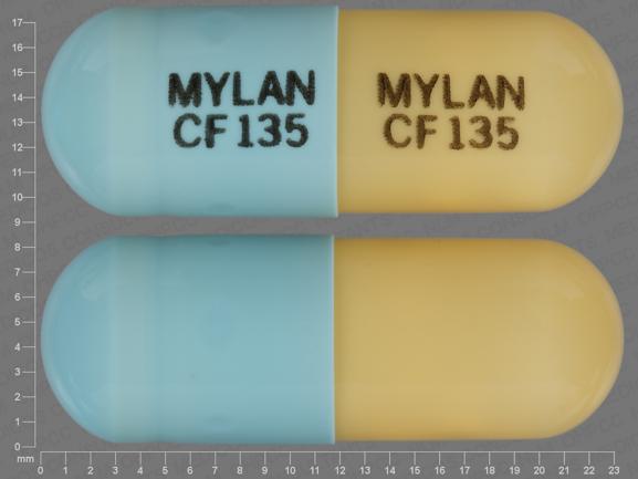 Pill MYLAN CF 135 MYLAN CF 135 Blue & Yellow Capsule-shape is Fenofibric Acid Delayed-Release