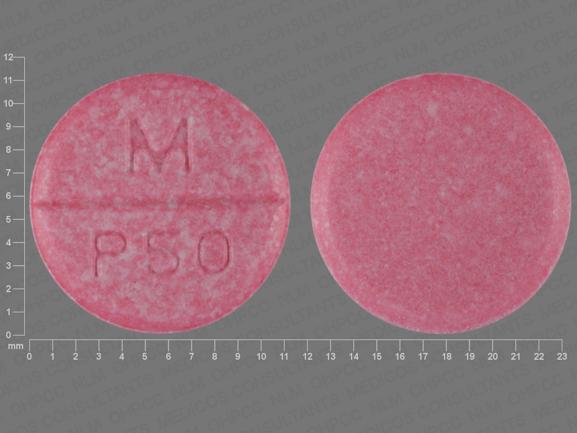 Pill M P50 Pink Round is Phenytoin (Chewable)