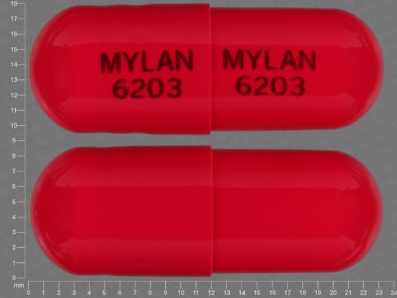 Pill MYLAN 6203 MYLAN 6203 Red Capsule-shape is Verapamil Hydrochloride Extended Release