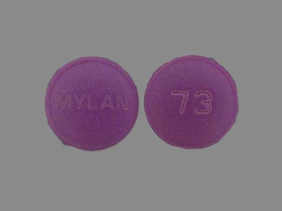 Pill MYLAN 73 Purple Round is Amitriptyline Hydrochloride and Perphenazine