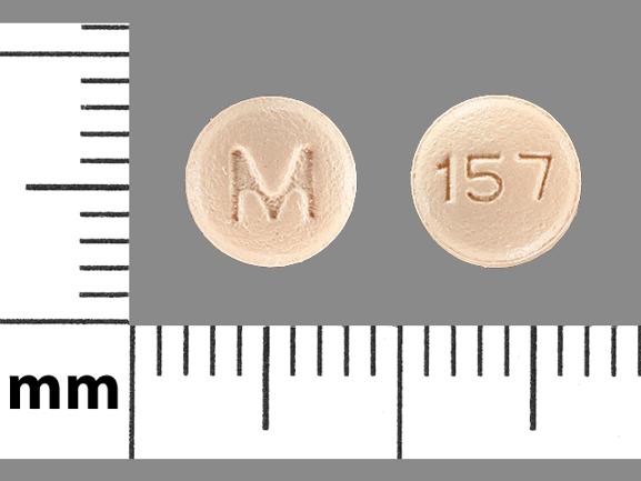 Pill M 157 Peach Round is Olanzapine