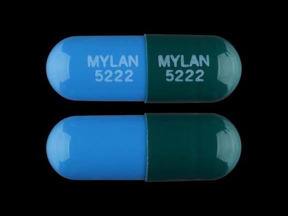 Pill MYLAN 5222 MYLAN 5222 Blue Capsule/Oblong is Omeprazole Delayed Release
