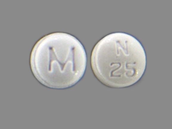 Pill M N 25 White Round is Ropinirole Hydrochloride
