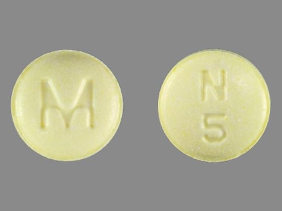 Pill M N 5 Yellow Round is Ropinirole Hydrochloride