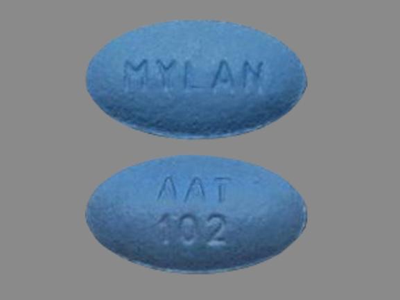 Pill AAT 102 MYLAN Blue Oval is Amlodipine Besylate and Atorvastatin Calcium