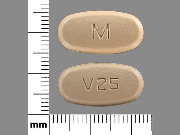 Pill M V25 Beige Oval is Hydrochlorothiazide and Valsartan