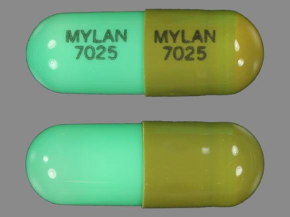 Pill MYLAN 7025 MYLAN 7025 Green Capsule/Oblong is Loxapine Succinate