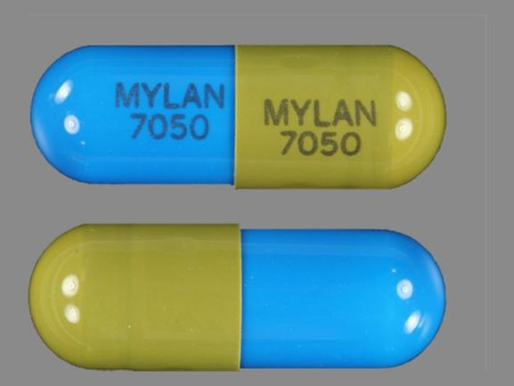 Pill MYLAN 7050 MYLAN 7050 Blue & Brown Capsule-shape is Loxapine Succinate