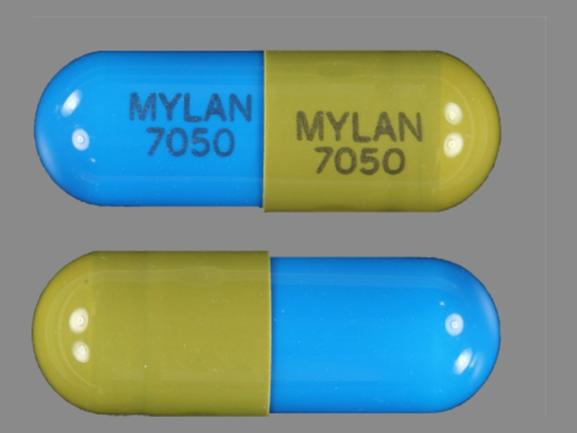 Pill MYLAN 7050 MYLAN 7050 Blue & Brown Capsule/Oblong is Loxapine Succinate