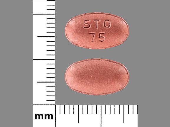 Pill STO 75 Red Oval is Carbidopa, Entacapone and Levodopa