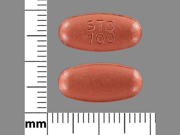 Pill STO 100 Red Oval is Carbidopa, Entacapone and Levodopa