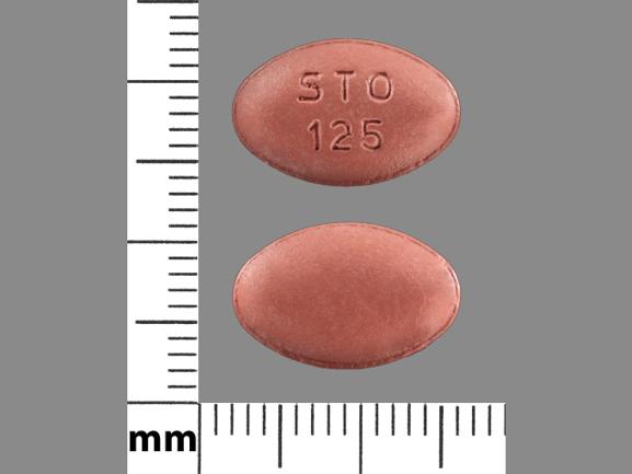 Pill STO 125 Red Oval is Carbidopa, Entacapone and Levodopa