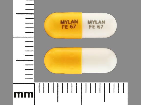 Pill MYLAN FE 67 MYLAN FE 67 Orange & White Capsule/Oblong is Fenofibrate (Micronized)