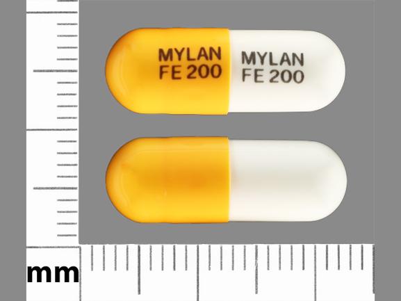 Pill MYLAN FE 200 MYLAN FE 200 Orange & White Capsule-shape is Fenofibrate (Micronized)