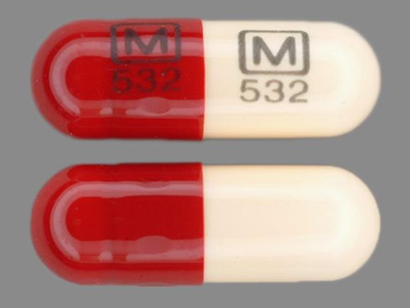 Pill M 532 M 532 Beige & Red Capsule/Oblong is Acetaminophen and Oxycodone Hydrochloride