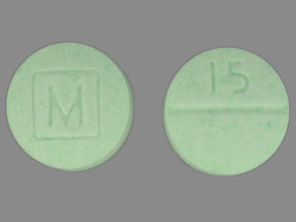 Pill 15 M Green Round is Oxycodone Hydrochloride