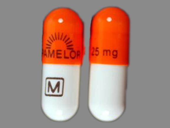 Pill PAMELOR 25 mg M Orange & White Capsule/Oblong is Pamelor