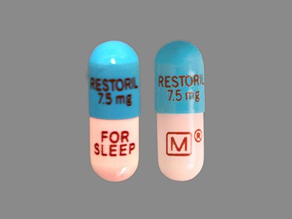 Pill RESTORIL 7.5 mg M FOR SLEEP Blue & Pink Capsule/Oblong is Restoril