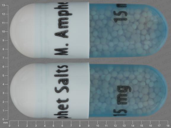 Pill M. Amphet Salts 15 mg Blue & White Capsule-shape is Amphetamine and Dextroamphetamine Extended Release