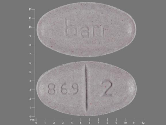 Pill barr 869 2 Purple Elliptical/Oval is Warfarin Sodium