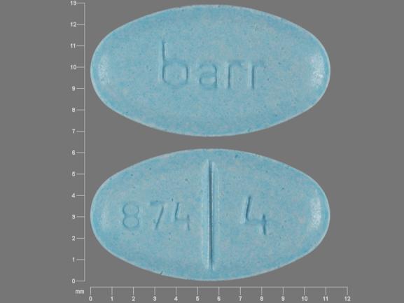 Pill barr 874 4 Blue Elliptical/Oval is Warfarin Sodium