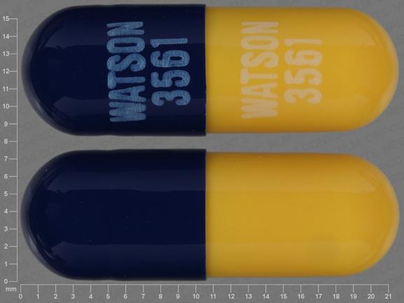 Pill WATSON 3561 WATSON 3561 Blue & Yellow Capsule/Oblong is Vancomycin Hydrochloride