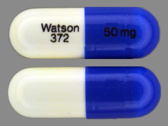 Pill Watson 372 50 mg Blue & White Capsule/Oblong is Loxapine Succinate