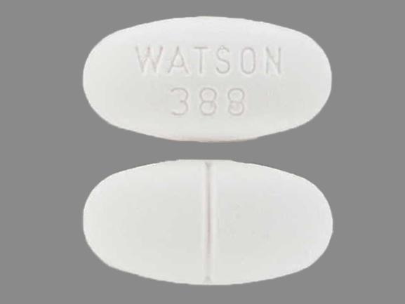 Pill WATSON 388 White Elliptical/Oval is Acetaminophen and Hydrocodone Bita...