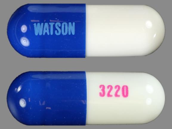 Pill WATSON 3220 Blue & White Capsule-shape is Acetaminophen, Butalbital, Caffeine and Codeine