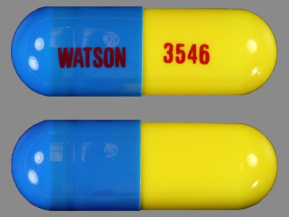 Pill WATSON 3546 Blue & Yellow Capsule/Oblong is Aspirin, Butalbital, Caffeine and Codeine