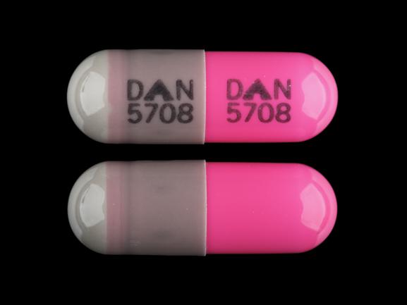 Pill DAN 5708 DAN 5708 Gray & Pink Capsule/Oblong is Clindamycin Hydrochloride