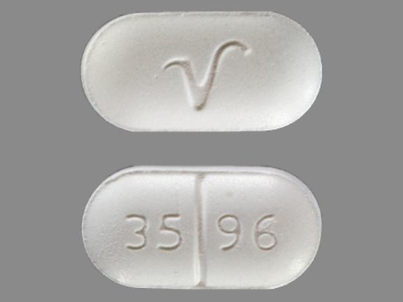 Pill 3596 V White Capsule/Oblong is Acetaminophen and Hydrocodone Bitartrate