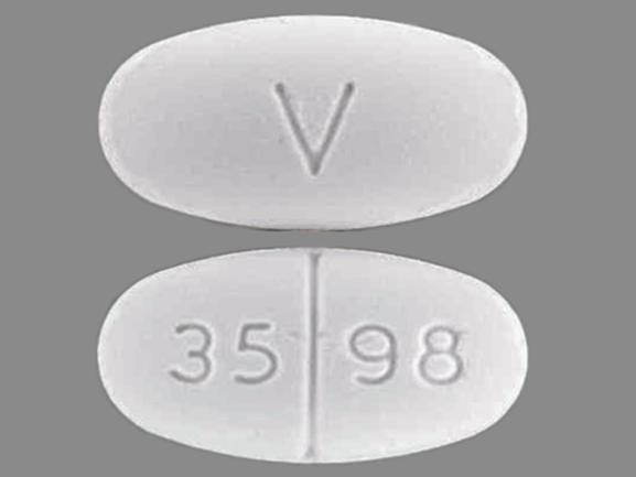 Pill 3598 V White Capsule/Oblong is Acetaminophen and Hydrocodone Bitartrate