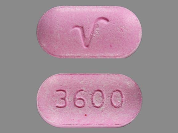 Pill 3600 V Pink Capsule/Oblong is Acetaminophen and Hydrocodone Bitartrate