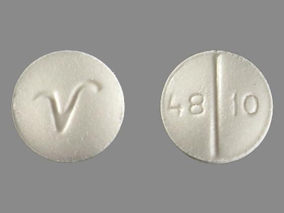 Pill V 48 10 White Round is Oxycodone Hydrochloride