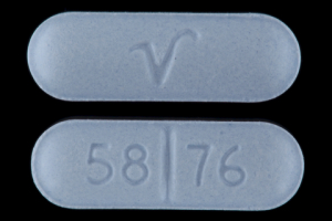 Pill 58 76 V Blue Capsule/Oblong is Sotalol Hydrochloride