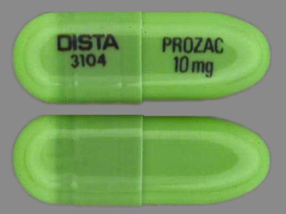 Pill DISTA 3104 PROZAC 10 mg Green Capsule/Oblong is Prozac