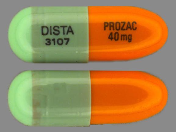 Pill DISTA 3107 PROZAC 40mg Green & Orange Capsule/Oblong is Prozac