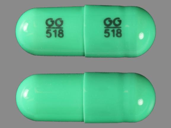 Pill GG 518 Green Capsule/Oblong is Indomethacin