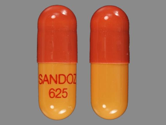 Pill SANDOZ 625 Orange Capsule/Oblong is Rivastigmine Tartrate