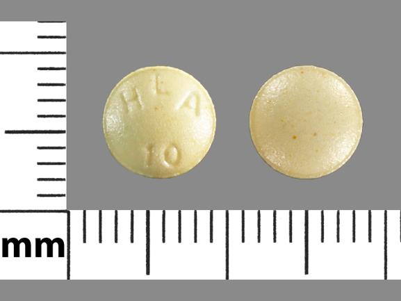 Pill HLA 10 Yellow Round is Atorvastatin Calcium