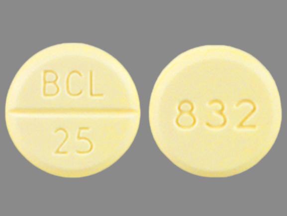 Pill 832 BCL 25 Yellow Round is Bethanechol Chloride