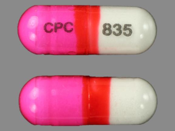 Pill CPC 835 Pink & White Capsule/Oblong is Diphenhydramine Hydrochloride