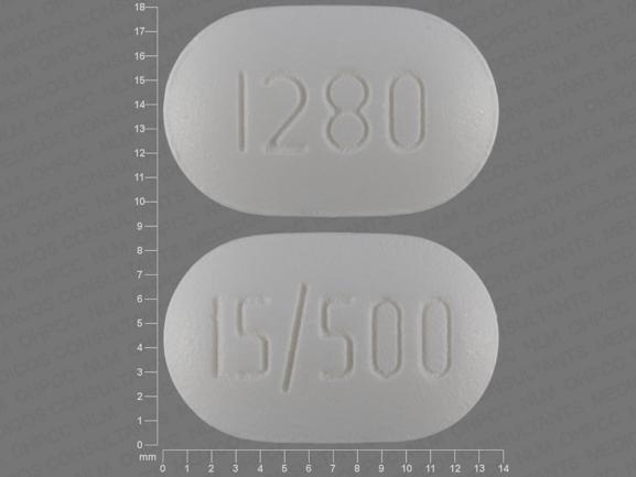 Pill 15/500 1280 White Capsule/Oblong is Metformin Hydrochloride and Pioglitazone Hydrochloride