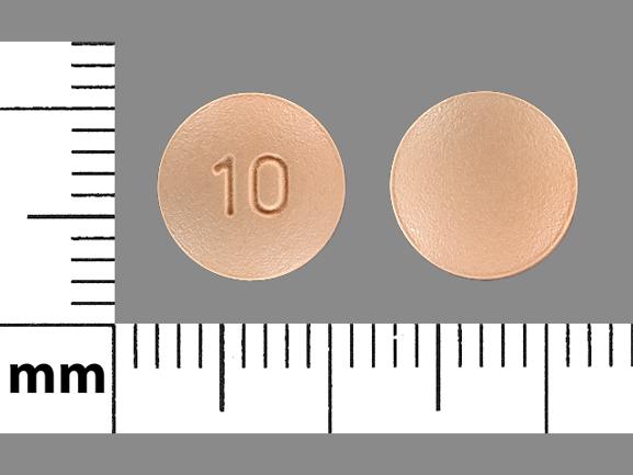 Pill 10 Peach Round is Donepezil Hydrochloride