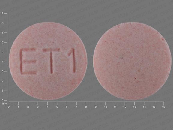 Pill ET1 Pink Round is Meclizine Hydrochloride (Chewable)