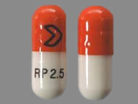 Pill RP 2.5 > Orange & White Capsule/Oblong is Ramipril