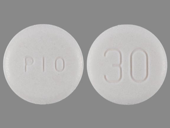 Pill PIO 30 White Round is Pioglitazone Hydrochloride