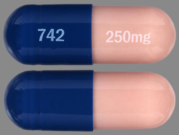 Pill 742 250 mg Blue Capsule/Oblong is Vancomycin Hydrochloride